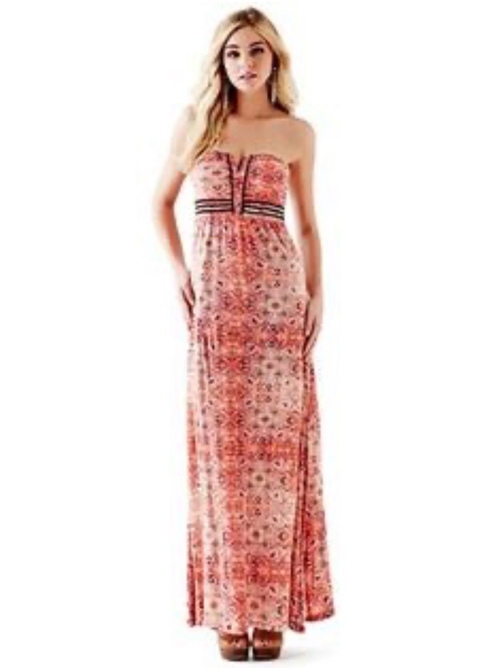 Vintage Guess Strapless Boho Maxi Dress in Coral Print - Picture 2 of 9